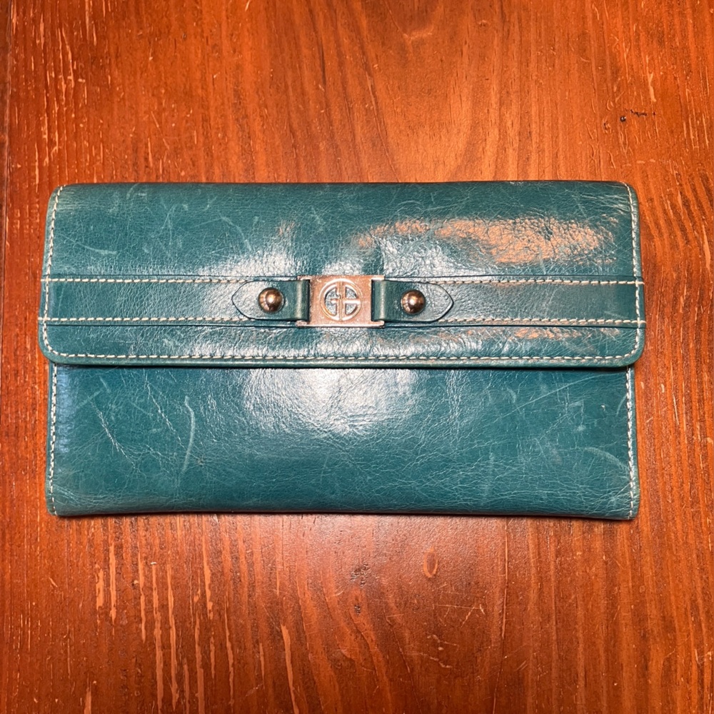 Gianni Bernini Teal Blue Trifold Wallet with Checkbook Sleeve